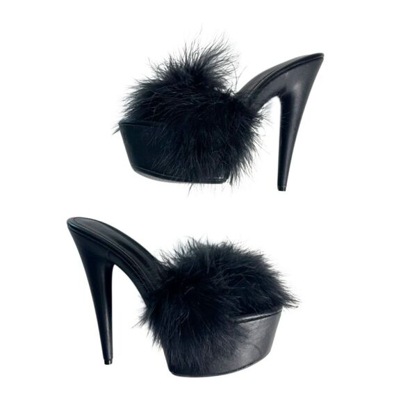 CURRENT MOOD Black Maribou Feather Platform Slide Heels 38 Sinful Money Hunny - Picture 3 of 11